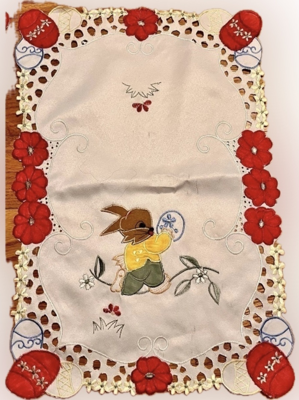 Set of 3 Vintage Easter Bunny Placemats Embroidered Battenburg Lace Cutwork Hobo